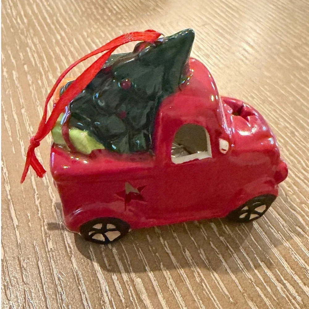 Red Ceramic Christmas Truck Ornament Light Up Tree Gifts Holiday Decor 3